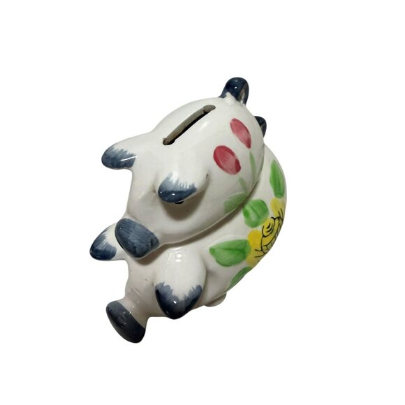 Ceramic White Piggy Bank Floral Coin Slot Stopper Decorative Japan - Picture 2 of 9